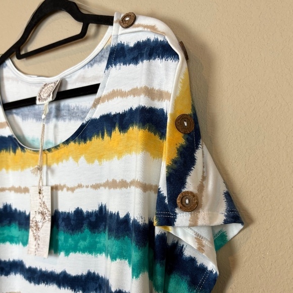 NWT Truself Blue/Yellow/Green/White Striped Short Sleeve Crewneck Pullover Top - Picture 3 of 8
